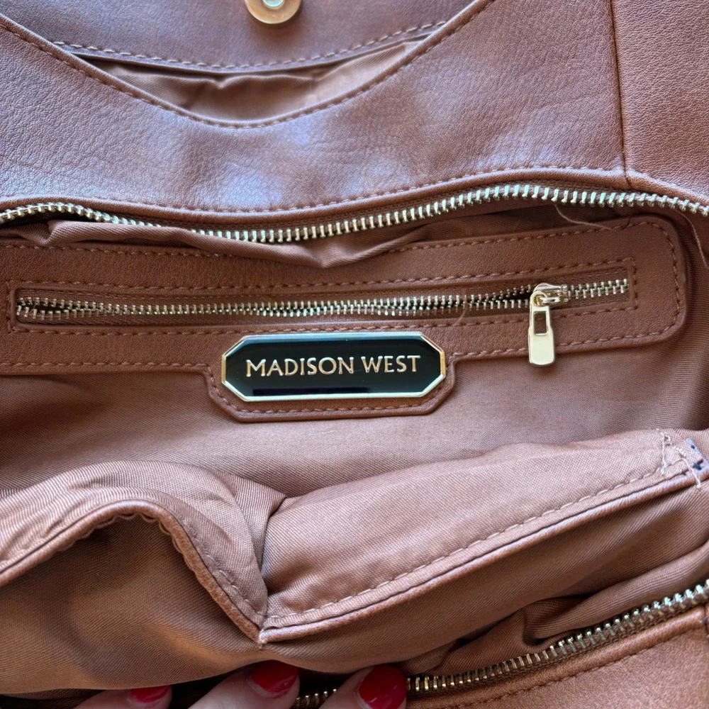 Madison West Tote Bag Womens Large Brown Vegan Leather Triple‎ Compartment Gold